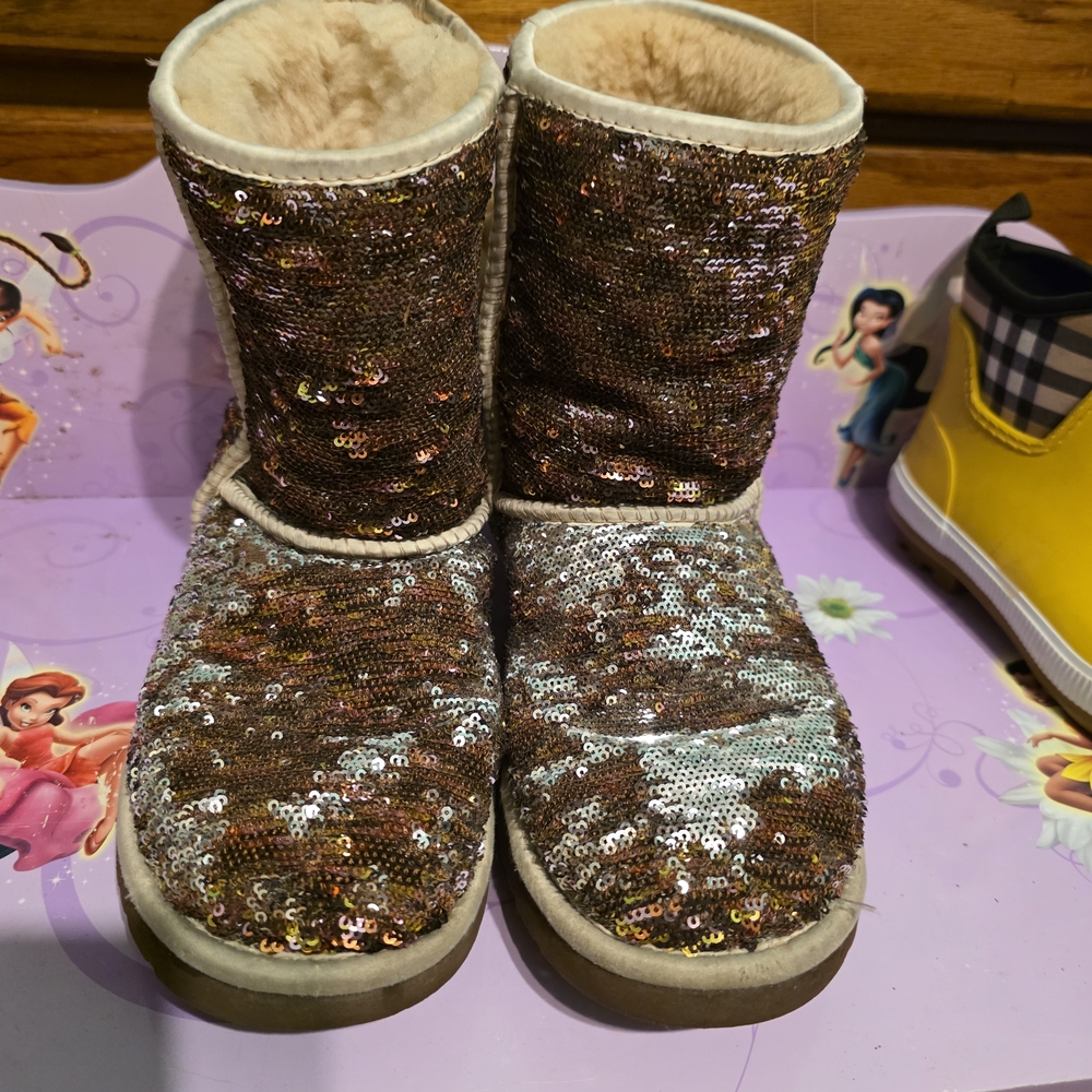 UGG Glittering Sequin Boots with Fur Trim